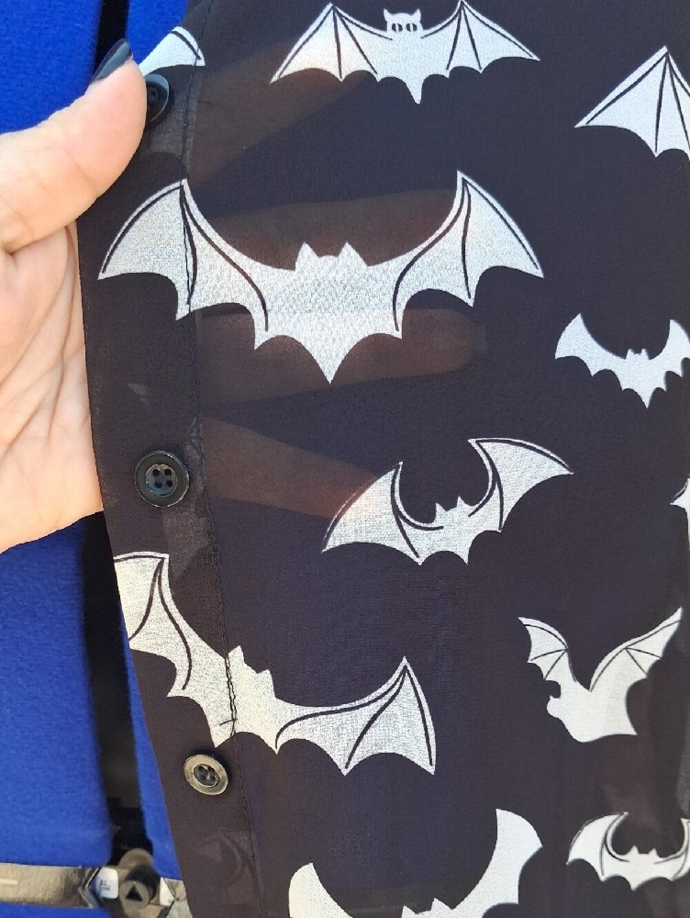 Black Sheer Bat Print Button-Up Shirt - Picture 4 of 7